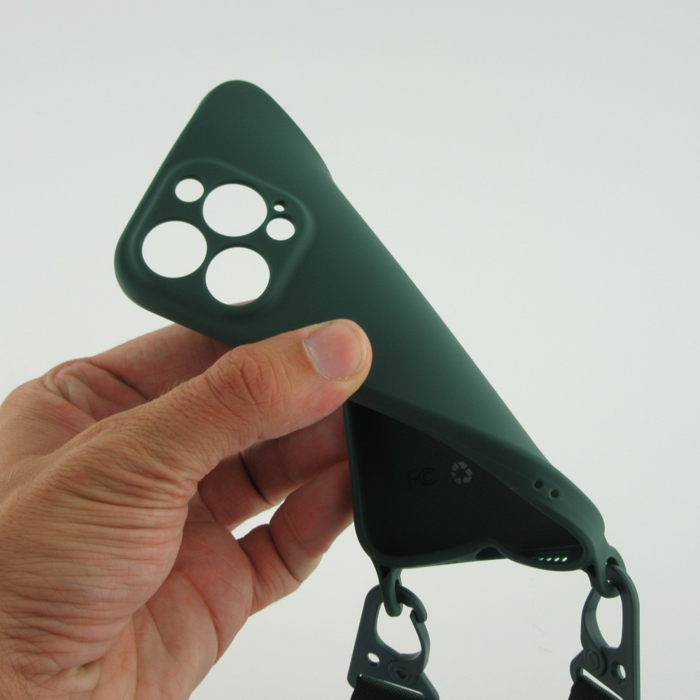 iPhone 13 Pro Case Hülle - Silikon mit Kordel und Haken - Dunkelgrün