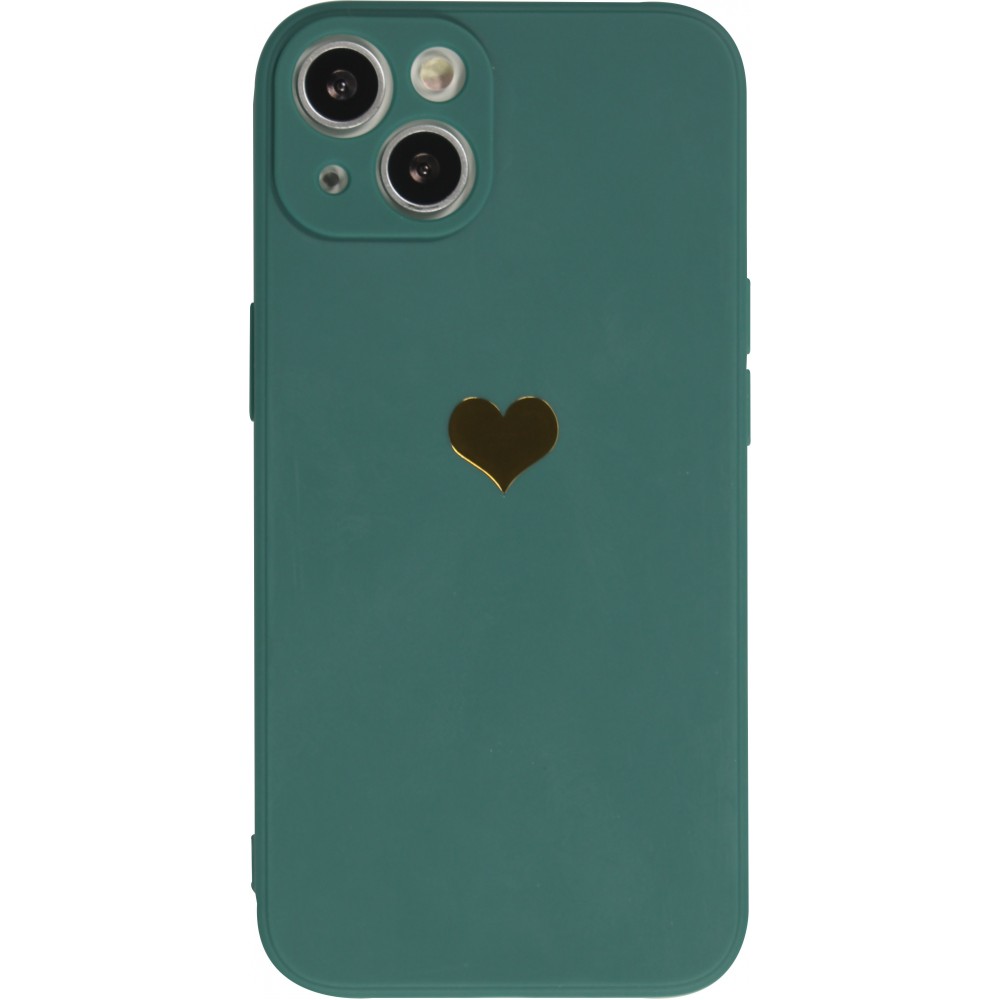 iPhone 16e Case Hülle - Silikon Mat Herz gold - Dunkelgrün