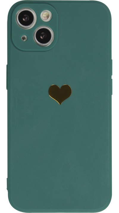 iPhone 15 Plus Case Hülle - Silikon Mat Herz gold - Dunkelgrün