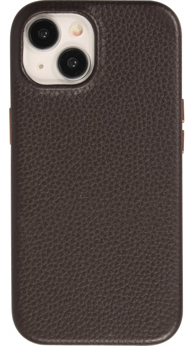 iPhone 15 Case Hülle - Vollständig genarbtes Luxuskalbsleder mit Metallknöpfen und MagSafe - Dunkelbraun