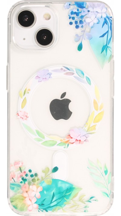 iPhone 15 Plus Case Hülle - Gummi Silikon steif mit MagSafe Frühlings Blumen - Transparent