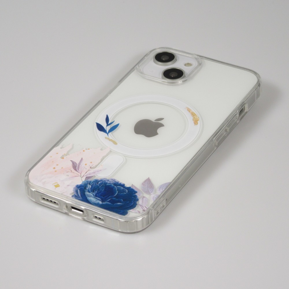 iPhone 14 Case Hülle - Gummi Silikon steif mit MagSafe blaue Rose - Transparent