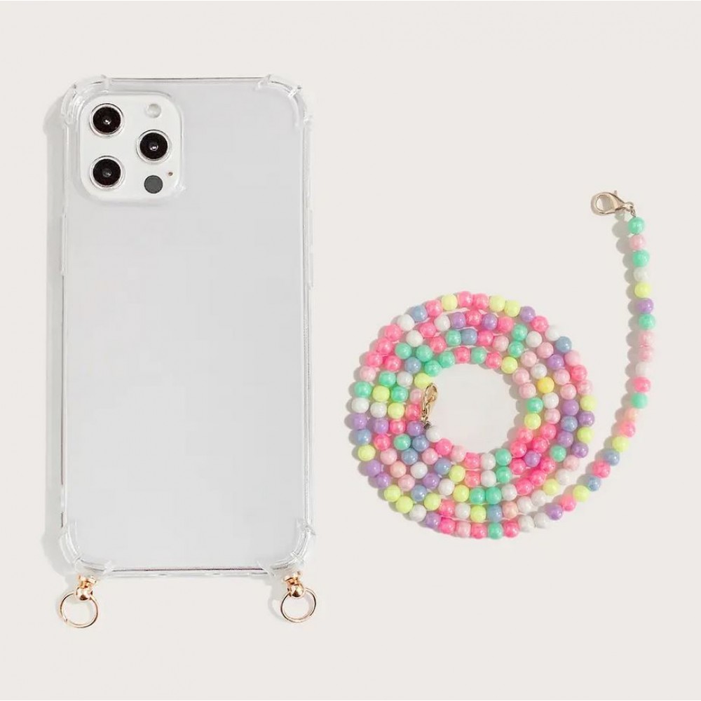 iPhone 14 Pro Case Hülle - Gummi transparent mit weisser integrierter Perlenkette