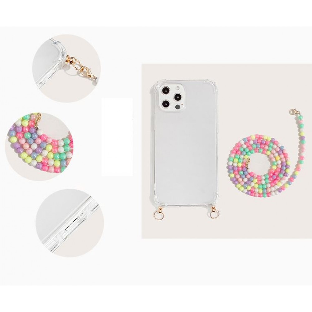 iPhone 14 Pro Case Hülle - Gummi transparent mit weisser integrierter Perlenkette