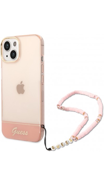 iPhone 14 Case Hülle - Guess transparentes rosafarbenes Gel mit goldenem Logo und abnehmbarem Perlenriemen - Hellrosa