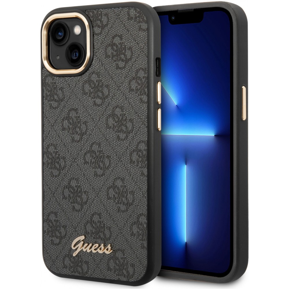 iPhone 14 Case Hülle - Guess Leinwand Kunstleder mit goldfarbenem Metall-Logo in Reliefoptik - Schwarz