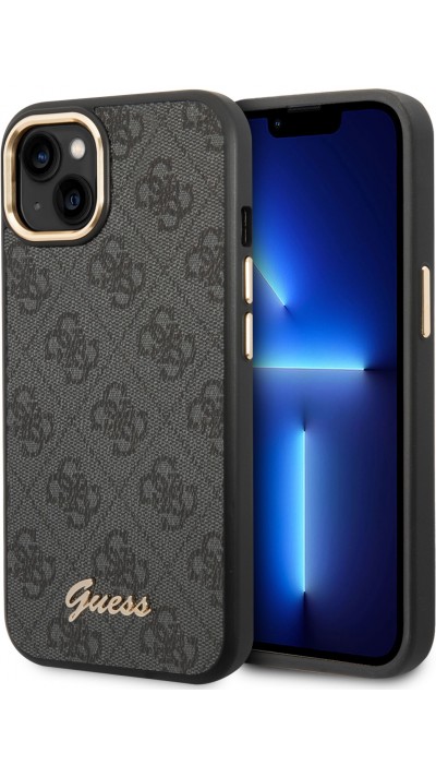 iPhone 14 Case Hülle - Guess Leinwand Kunstleder mit goldfarbenem Metall-Logo in Reliefoptik - Schwarz