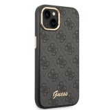 iPhone 14 Case Hülle - Guess Leinwand Kunstleder mit goldfarbenem Metall-Logo in Reliefoptik - Schwarz