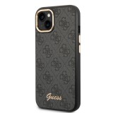 iPhone 14 Case Hülle - Guess Leinwand Kunstleder mit goldfarbenem Metall-Logo in Reliefoptik - Schwarz