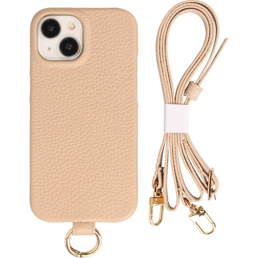 iPhone 14 Case H&uuml;lle - Premium Luxus Echtleder mit verstell- und abnehmbarem Lederriemen + MagSafe - Beige