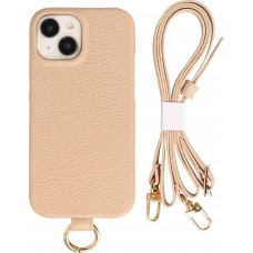 iPhone 14 Case H&uuml;lle - Premium Luxus Echtleder mit verstell- und abnehmbarem Lederriemen + MagSafe - Beige