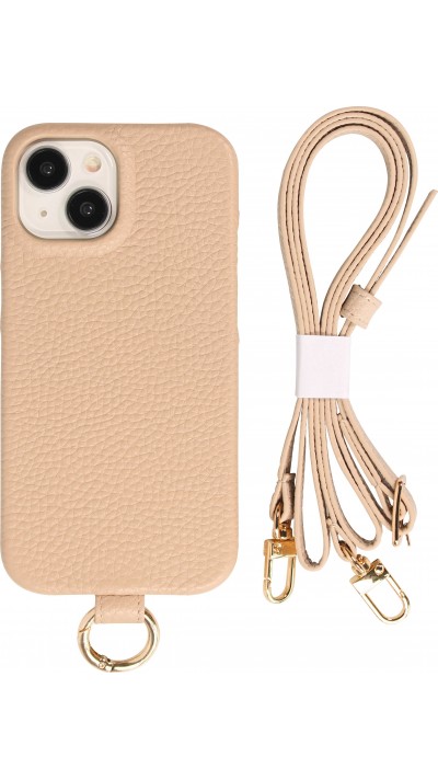 iPhone 14 Case Hülle - Premium Luxus Echtleder mit verstell- und abnehmbarem Lederriemen + MagSafe - Beige