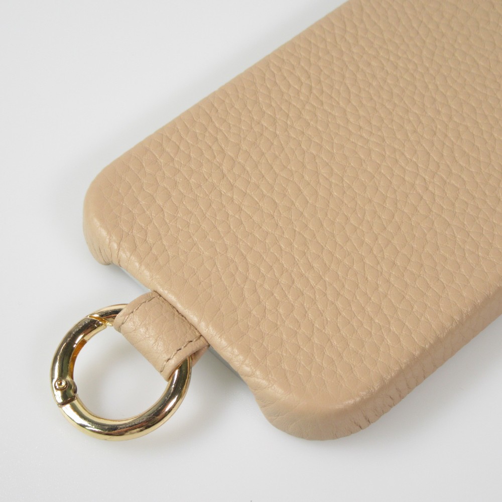 iPhone 14 Case H&uuml;lle - Premium Luxus Echtleder mit verstell- und abnehmbarem Lederriemen + MagSafe - Beige