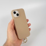 iPhone 14 Case H&uuml;lle - Premium Luxus Echtleder mit verstell- und abnehmbarem Lederriemen + MagSafe - Beige