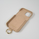 iPhone 14 Case H&uuml;lle - Premium Luxus Echtleder mit verstell- und abnehmbarem Lederriemen + MagSafe - Beige