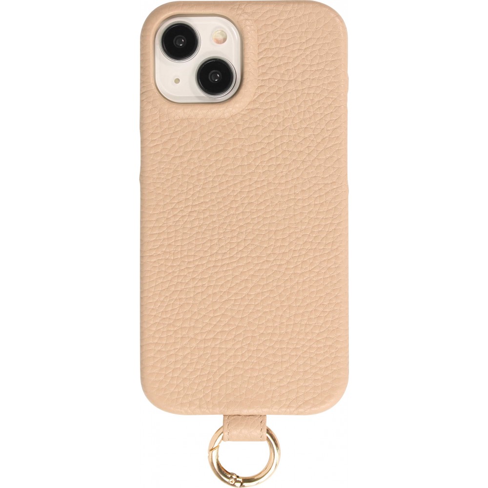 iPhone 14 Case H&uuml;lle - Premium Luxus Echtleder mit verstell- und abnehmbarem Lederriemen + MagSafe - Beige