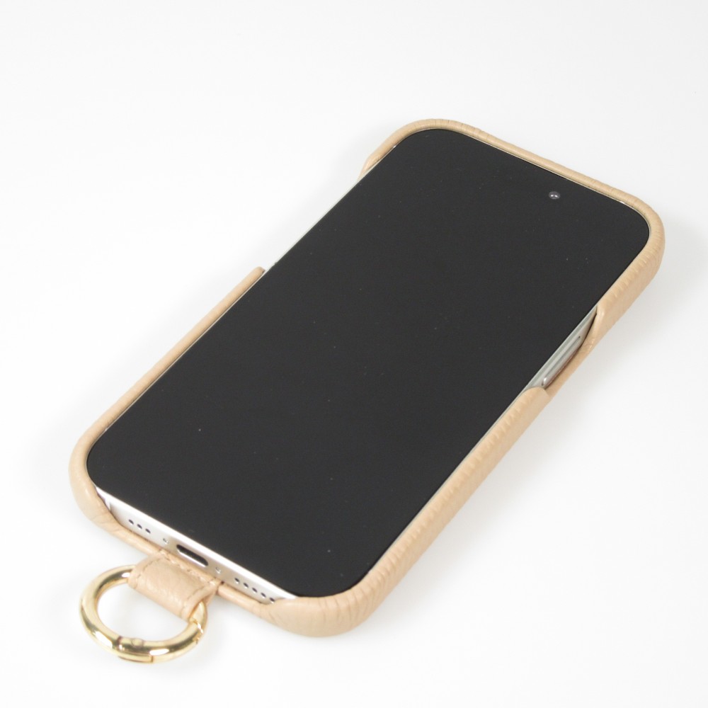 iPhone 14 Case H&uuml;lle - Premium Luxus Echtleder mit verstell- und abnehmbarem Lederriemen + MagSafe - Beige