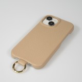 iPhone 14 Case H&uuml;lle - Premium Luxus Echtleder mit verstell- und abnehmbarem Lederriemen + MagSafe - Beige