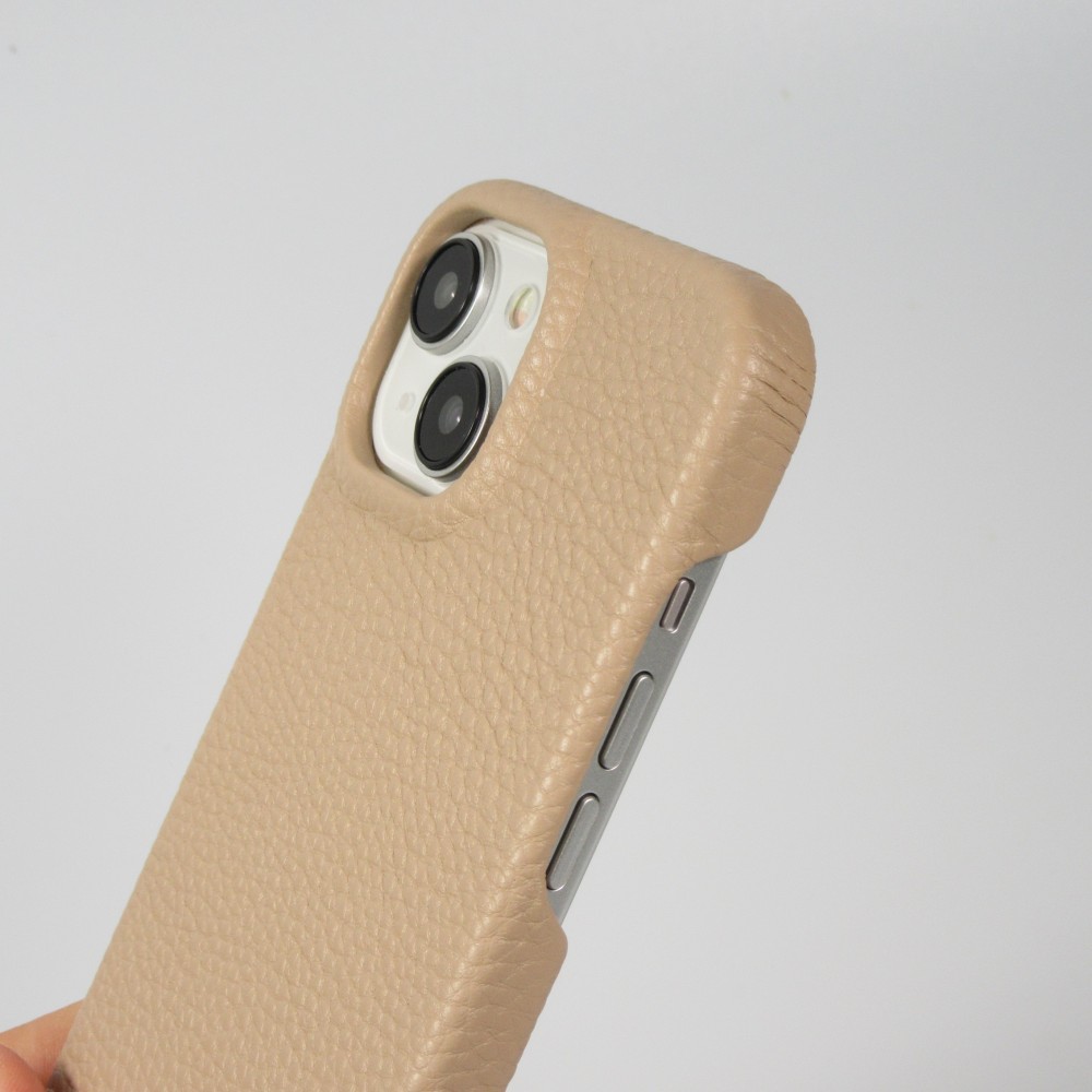 iPhone 14 Case H&uuml;lle - Premium Luxus Echtleder mit verstell- und abnehmbarem Lederriemen + MagSafe - Beige