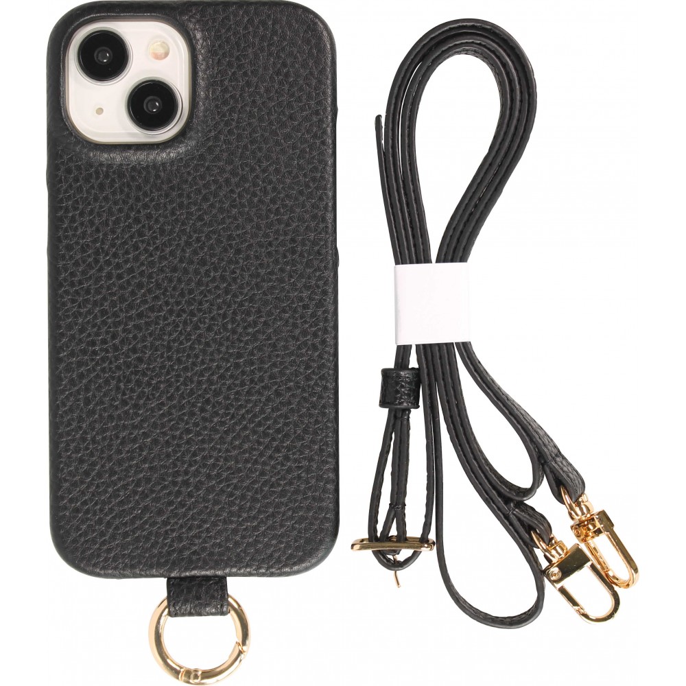 iPhone 15 Case Hülle - Premium Luxus Echtleder mit verstell- und abnehmbarem Lederriemen + MagSafe - Schwarz