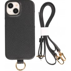 iPhone 15 Case Hülle - Premium Luxus Echtleder mit verstell- und abnehmbarem Lederriemen + MagSafe - Schwarz