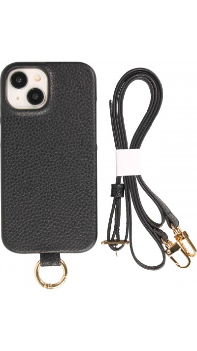 iPhone 14 Case Hülle - Premium Luxus Echtleder mit verstell- und abnehmbarem Lederriemen + MagSafe - Schwarz