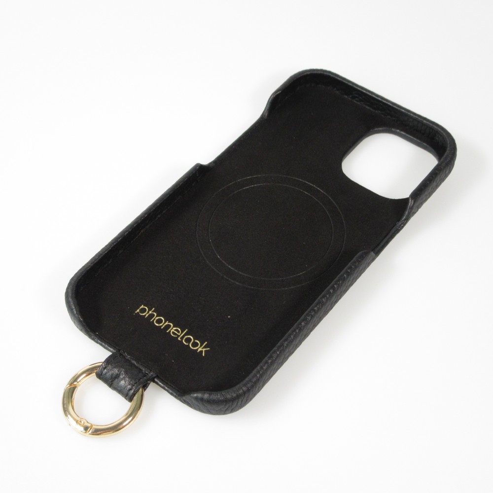 iPhone 15 Case Hülle - Premium Luxus Echtleder mit verstell- und abnehmbarem Lederriemen + MagSafe - Schwarz