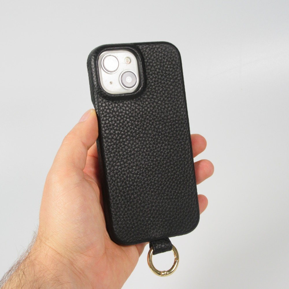 iPhone 15 Case Hülle - Premium Luxus Echtleder mit verstell- und abnehmbarem Lederriemen + MagSafe - Schwarz