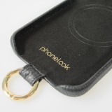iPhone 15 Case Hülle - Premium Luxus Echtleder mit verstell- und abnehmbarem Lederriemen + MagSafe - Schwarz