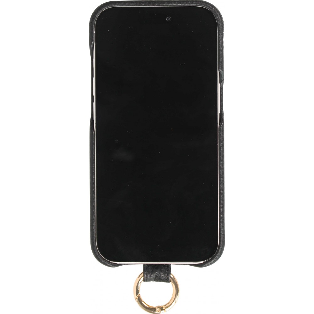 iPhone 15 Case Hülle - Premium Luxus Echtleder mit verstell- und abnehmbarem Lederriemen + MagSafe - Schwarz