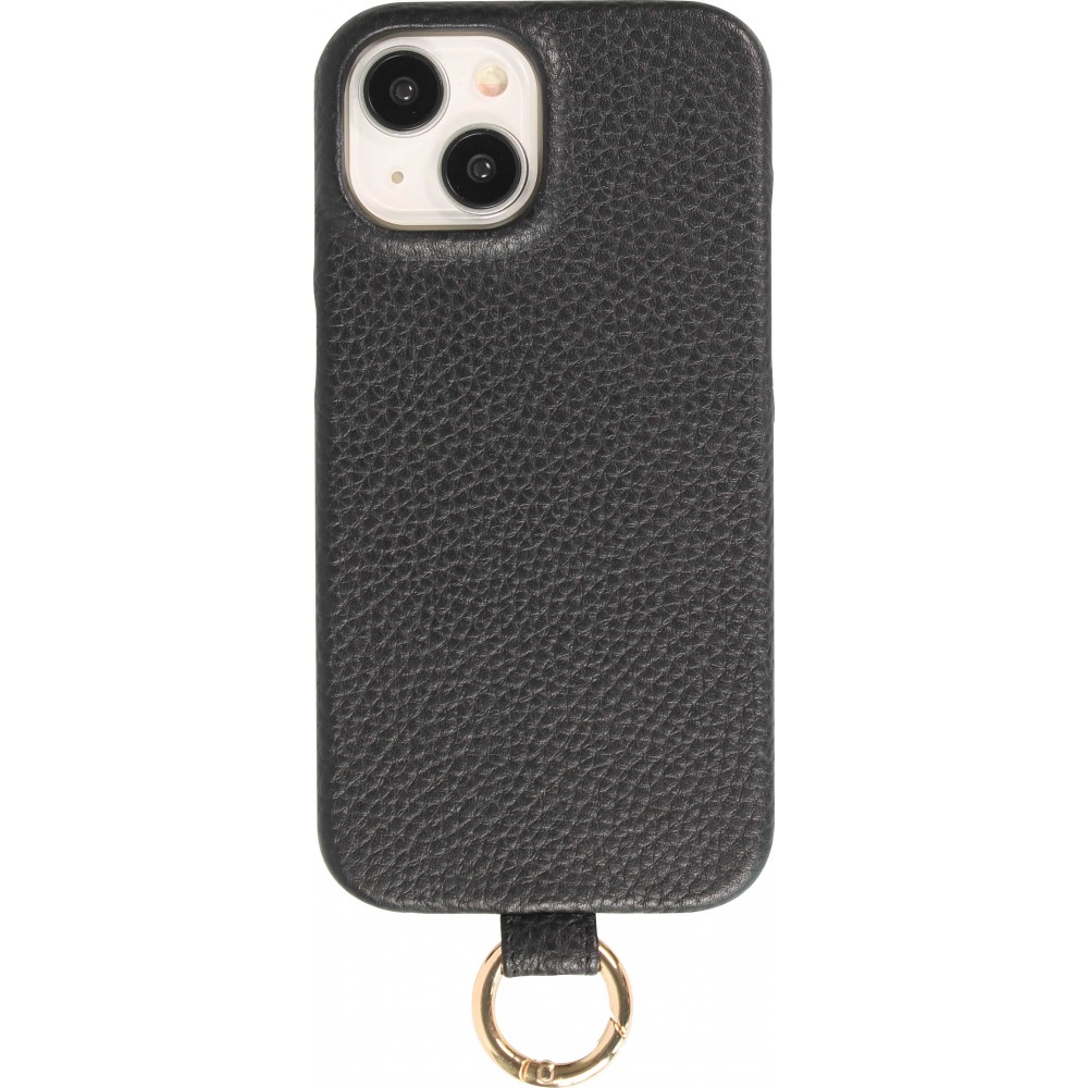 iPhone 15 Case Hülle - Premium Luxus Echtleder mit verstell- und abnehmbarem Lederriemen + MagSafe - Schwarz