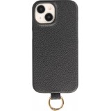 iPhone 15 Case Hülle - Premium Luxus Echtleder mit verstell- und abnehmbarem Lederriemen + MagSafe - Schwarz