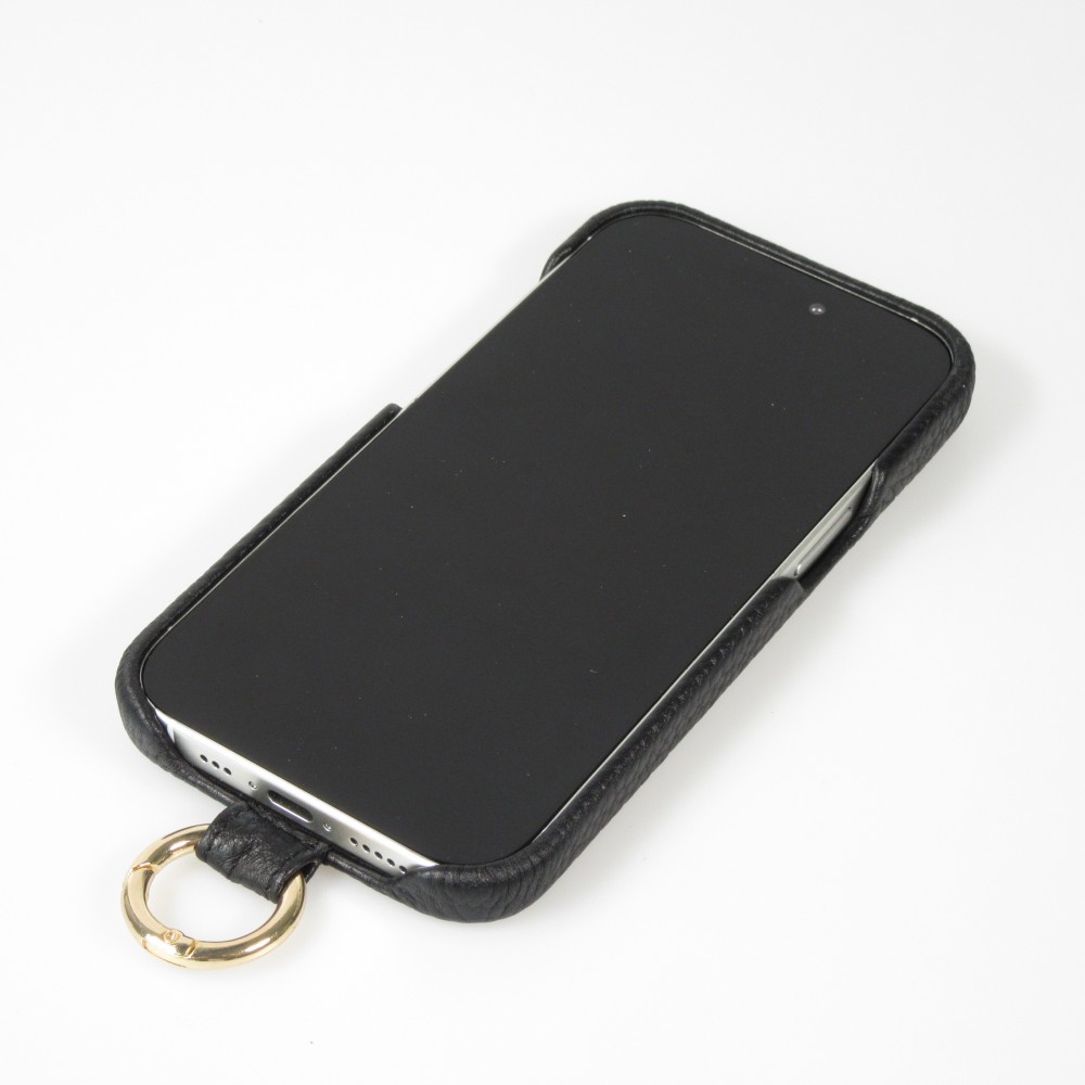 iPhone 15 Case Hülle - Premium Luxus Echtleder mit verstell- und abnehmbarem Lederriemen + MagSafe - Schwarz