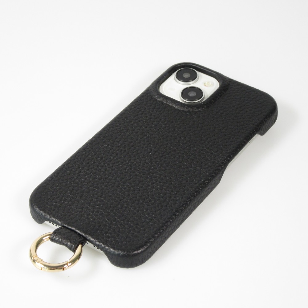iPhone 15 Case Hülle - Premium Luxus Echtleder mit verstell- und abnehmbarem Lederriemen + MagSafe - Schwarz