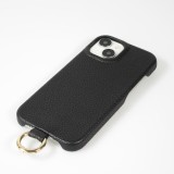 iPhone 15 Case Hülle - Premium Luxus Echtleder mit verstell- und abnehmbarem Lederriemen + MagSafe - Schwarz