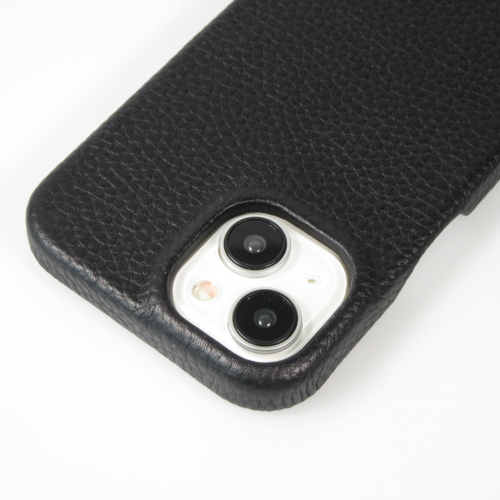 iPhone 15 Case Hülle - Premium Luxus Echtleder mit verstell- und abnehmbarem Lederriemen + MagSafe - Schwarz