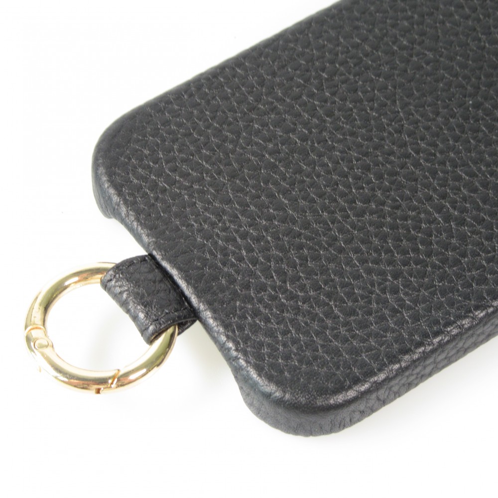 iPhone 15 Case Hülle - Premium Luxus Echtleder mit verstell- und abnehmbarem Lederriemen + MagSafe - Schwarz