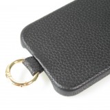 iPhone 15 Case Hülle - Premium Luxus Echtleder mit verstell- und abnehmbarem Lederriemen + MagSafe - Schwarz