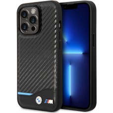 iPhone 14 Pro Case Hülle - BMW M Karbon-Effekt und Leder mit geprägtem Metall-Logo - Schwarz