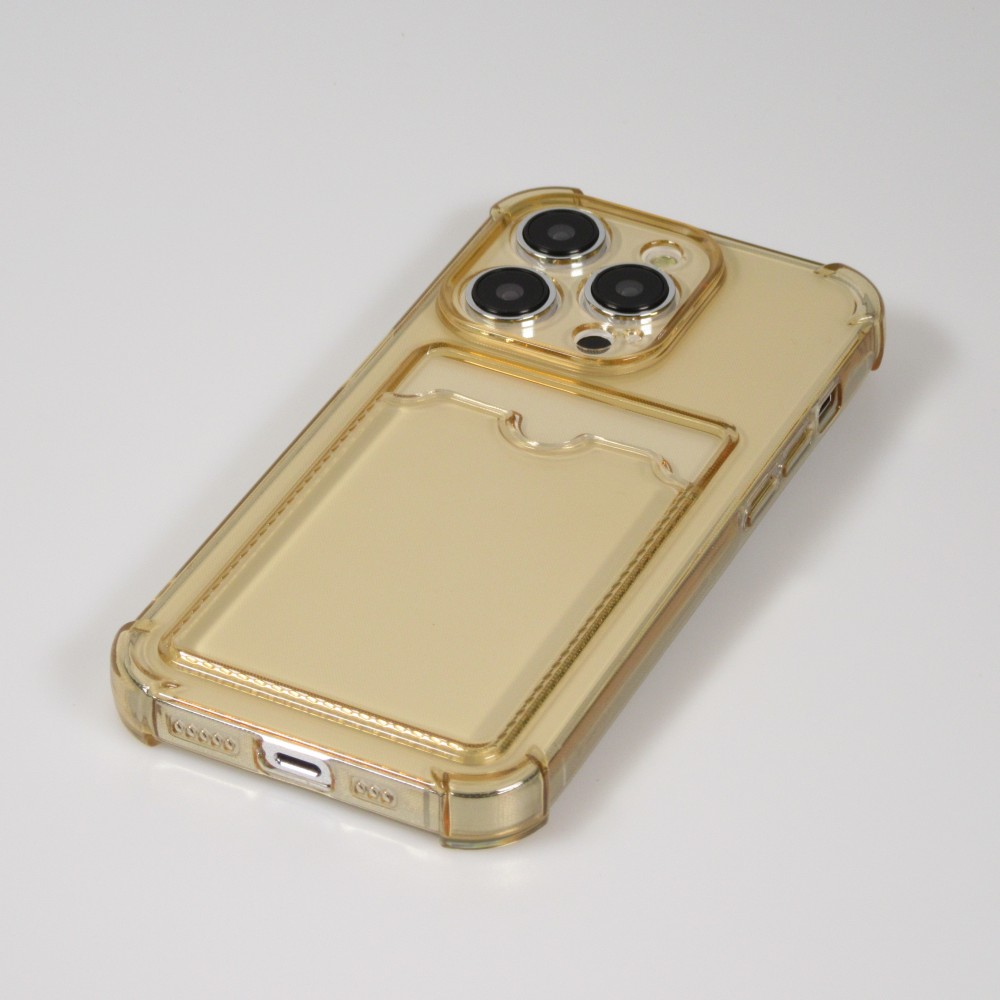 Coque iPhone 14 Pro - Gel silicone bumper super flexible avec porte-carte transparent - Or