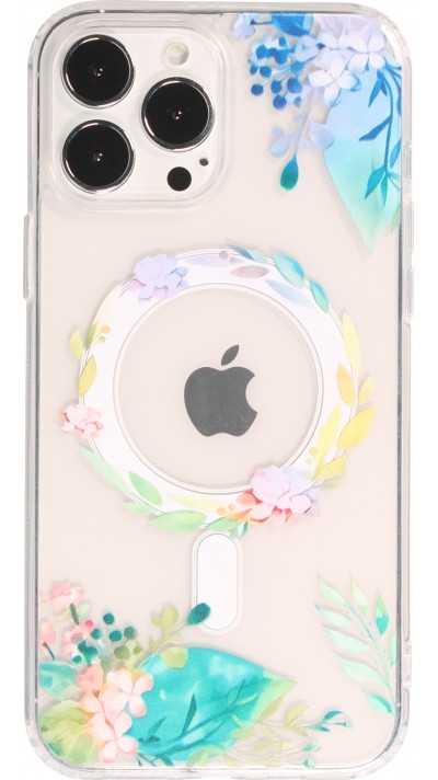 iPhone 15 Pro Max Case Hülle - Gummi Silikon steif mit MagSafe Frühlings Blumen - Transparent