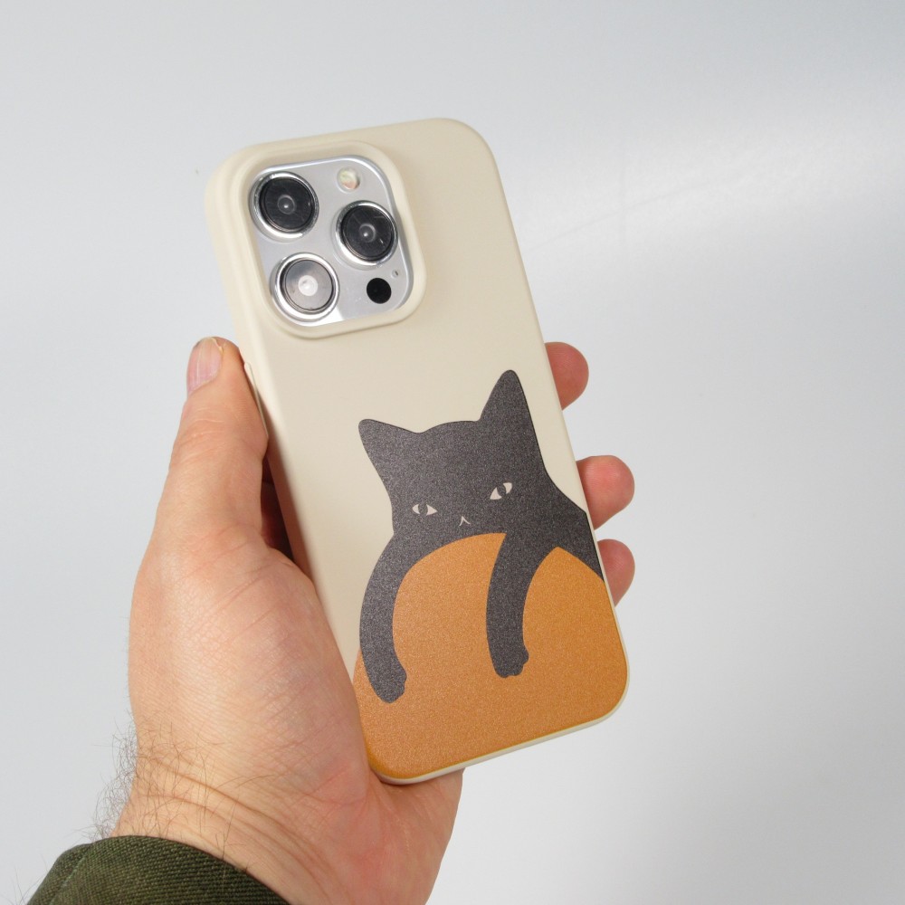 iPhone 14 Pro Case Hülle - Gel Silikon weich - Relaxed Cat - Beige