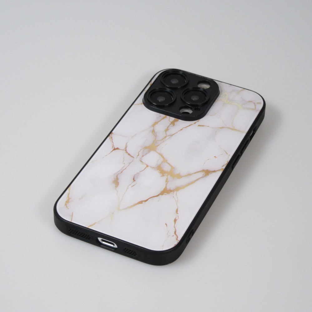 iPhone 13 Pro Max Case Hülle - Glass Marmor mit Silikonrand - Weiss