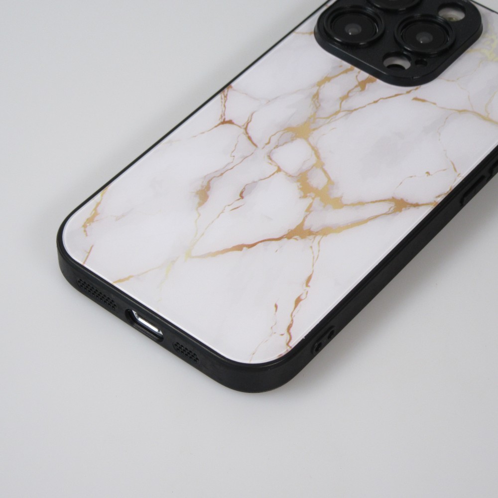 iPhone 13 Pro Max Case Hülle - Glass Marmor mit Silikonrand - Weiss