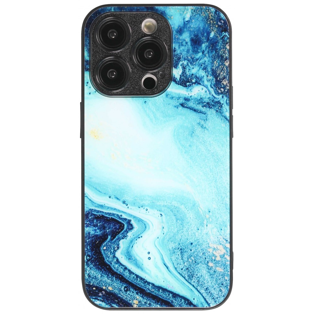 Coque iPhone 13 Pro Max - Glass marbre avec bord en silicone - Bleu foncé