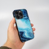 Coque iPhone 13 Pro Max - Glass marbre avec bord en silicone - Bleu foncé