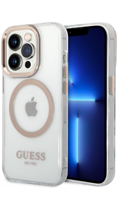 iPhone 14 Pro Case Hülle - Guess Hartschalen-Silikon mit MagSafe in Gold - Transparent
