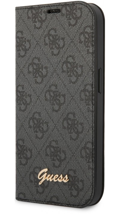 Fourre iPhone 14 Pro - Flip Guess toile similicuir avec logo métallique doré en relief - Noir