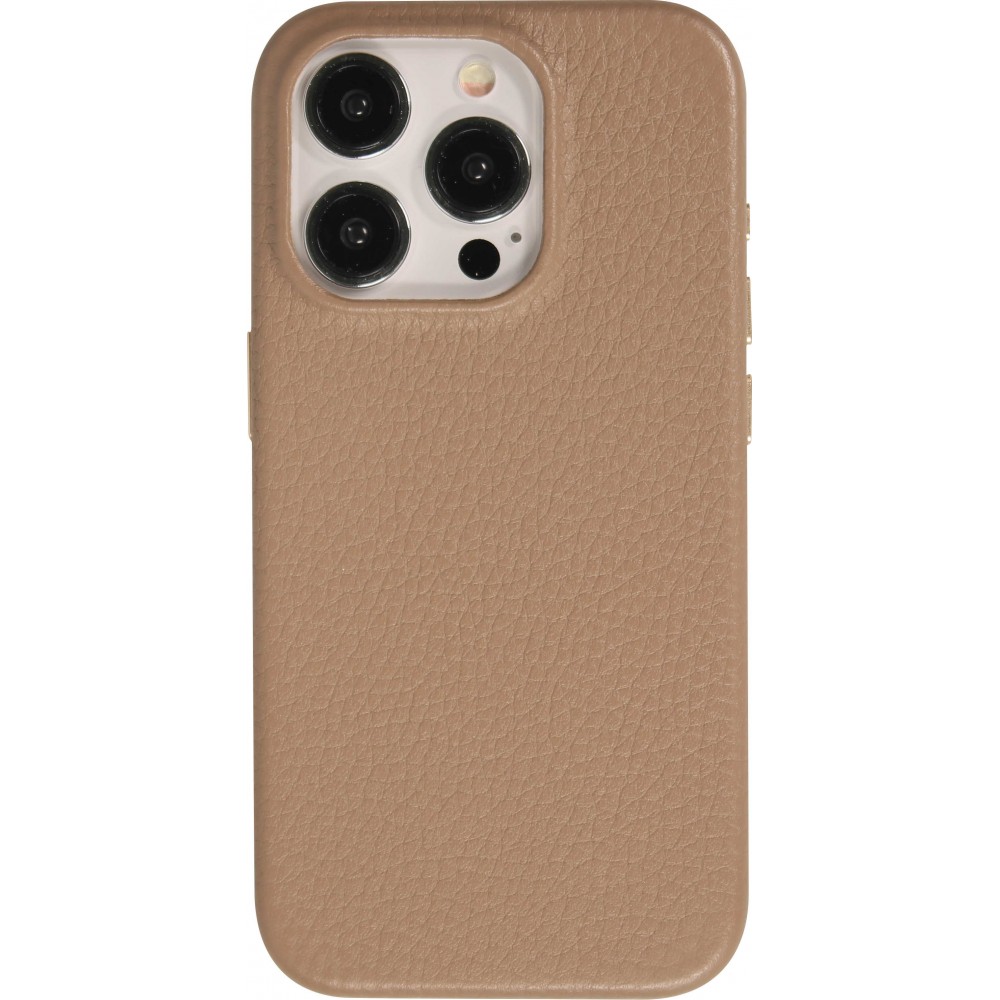iPhone 14 Pro Max Case H&uuml;lle - Vollst&auml;ndig genarbtes Luxuskalbsleder mit Metallkn&ouml;pfen und MagSafe - Beige