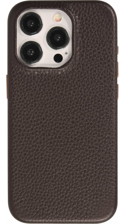 Coque iPhone 14 Pro Max - Cuir de veau luxe grainé intégral avec boutons métalliques et MagSafe - Brun foncé